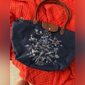 Longchamp Navy embroidered large tote